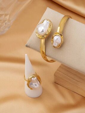 Anthropologie Gold Pearl Open Bangle and Ring Set - Gold & White